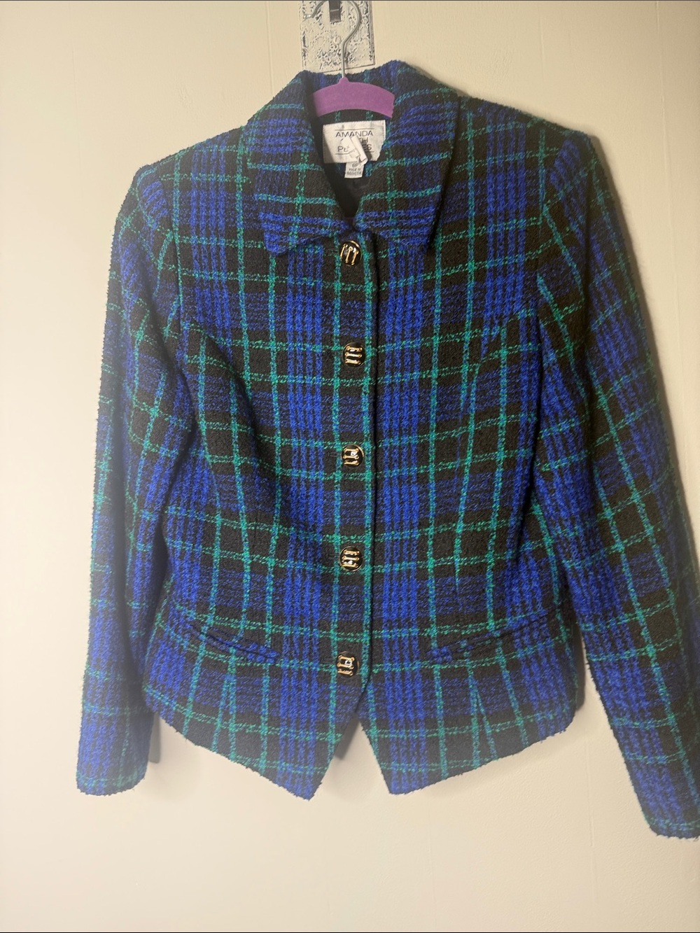 Amanda Smith Blue & Green Plaid Wool Blend Jacket